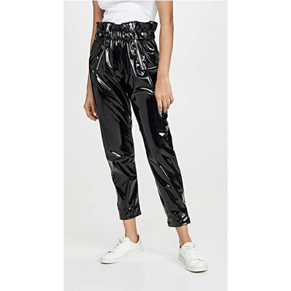 New RtA Leon Belted Vinyl Pants Womens S Black Paperbag Zipper